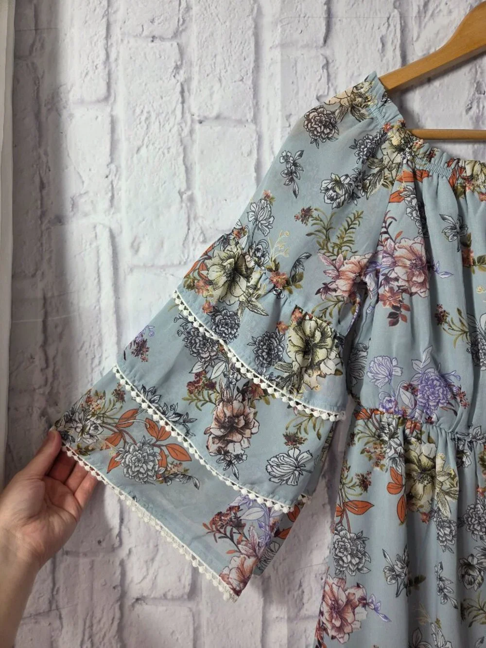 Bailey Blue Small Blue Floral Bell Sleeve Off the Shoulder Babydoll Mini Dress